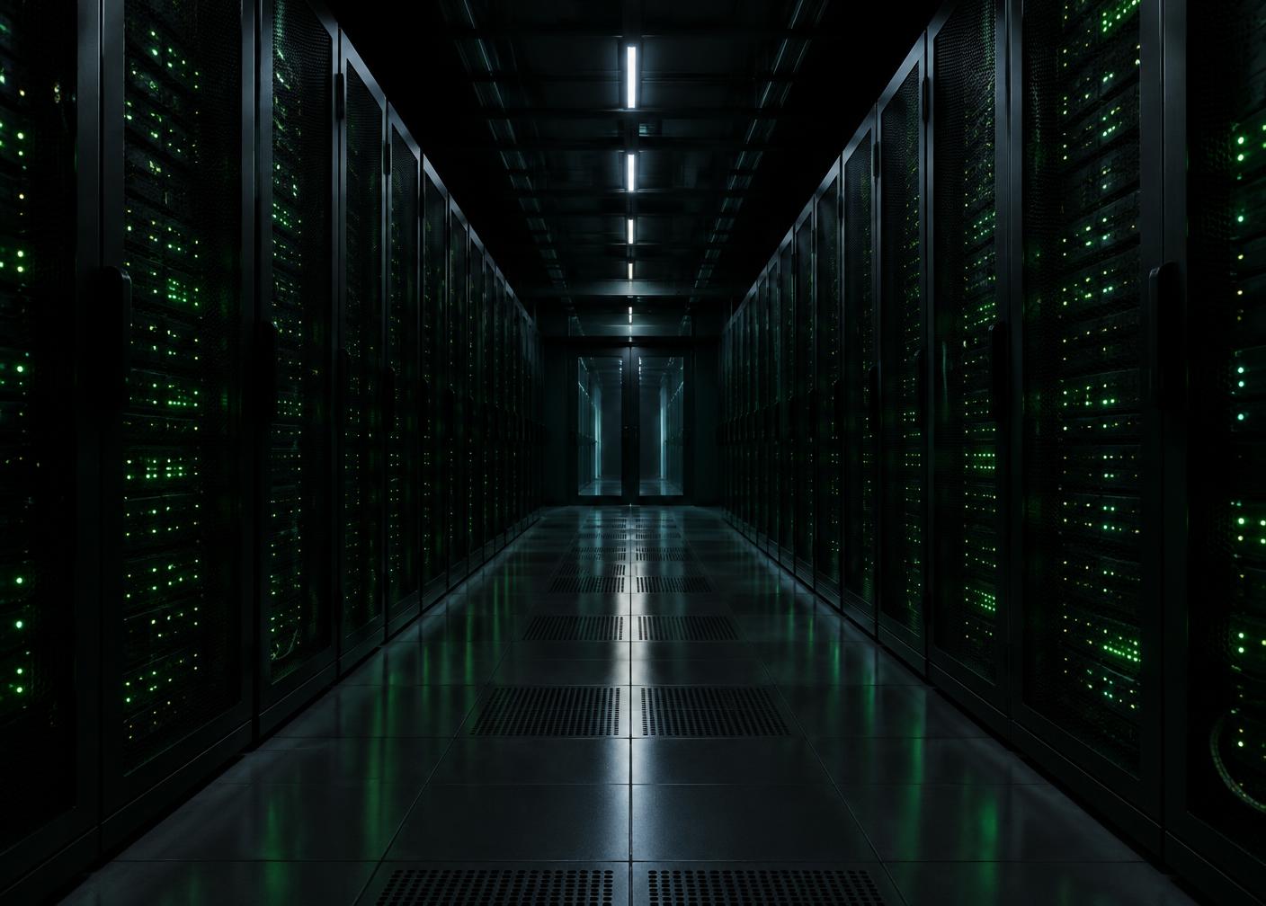 Long data centre corridor lined with server racks and green status lights