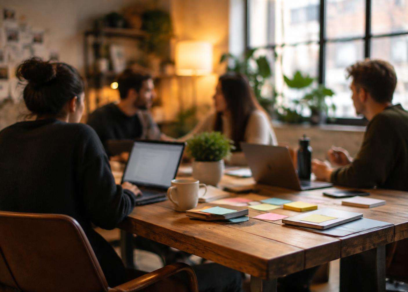 Small team working together around a wooden table with laptops and sticky notes
