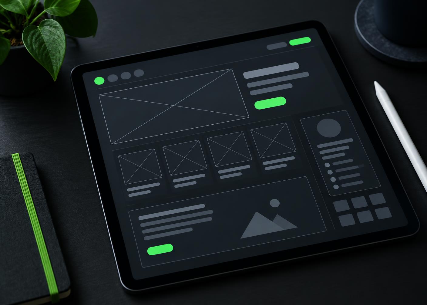 Tablet on a dark desk displaying an abstract wireframe layout