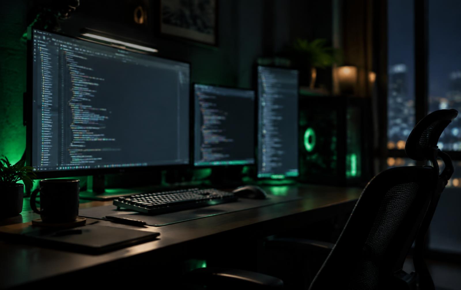 Dimly lit developer workstation with several monitors showing source code